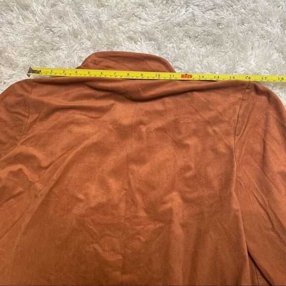 LANALEE faux suede camel coloured open front asymmetrical cardigan sweater Sz L - Picture 8 of 9